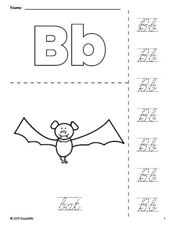 Free printable bat Halloween coloring page and cursive letter tracing worksheet, letter b worksheet for preschool, pre-k, and kindergarten, PDF