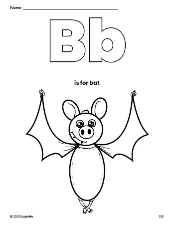 Free printable bat Halloween coloring page, letter b coloring page for preschool, pre-k, and kindergarten, PDF