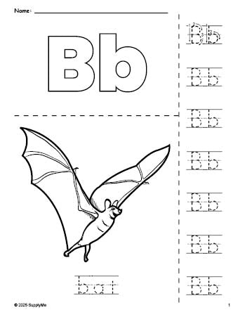 Free printable bat Halloween coloring page and letter tracing worksheet, letter b worksheet for preschool, pre-k, and kindergarten, PDF