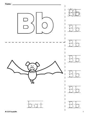 Free printable bat Halloween coloring page and letter tracing worksheet, letter b worksheet for preschool, pre-k, and kindergarten, PDF