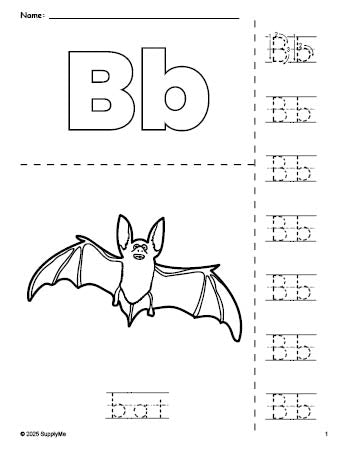 Free printable bat Halloween coloring page and letter tracing worksheet, letter b worksheet for preschool, pre-k, and kindergarten, PDF
