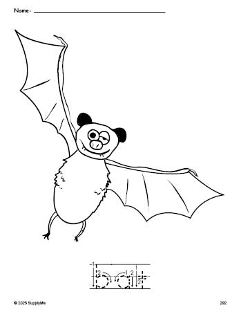 Free printable bat Halloween coloring page and word tracing worksheet, letter formation guides, perfect for preschool, pre-k, and kindergarten, PDF
