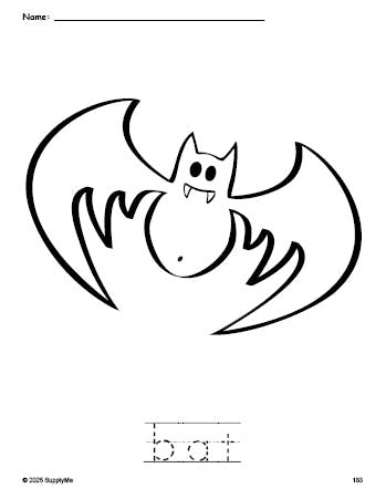 Free printable bat Halloween coloring page and word tracing worksheet, perfect for preschool, pre-k, and kindergarten, PDF