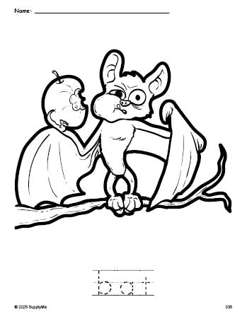 Free printable bat Halloween coloring page and word tracing worksheet, perfect for preschool, pre-k, and kindergarten, PDF