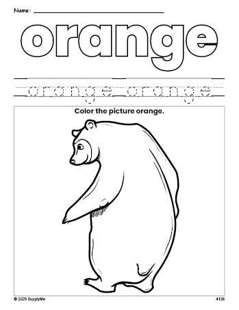Free bear color orange coloring page and color worksheet, orange worksheet for preschoolers to learn colors, printable PDF