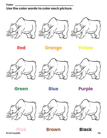 Free bear coloring page and color worksheet for preschoolers to learn colors, printable PDF