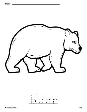 Free printable bear coloring page and word tracing worksheet, perfect for preschool, pre-k, and kindergarten, PDF