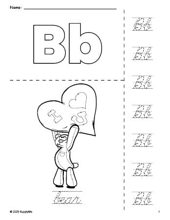 Free printable bear Valentine's Day coloring page and cursive letter tracing worksheet, letter b worksheet for preschool, pre-k, and kindergarten, PDF