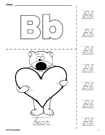 Free printable bear Valentine's Day coloring page and cursive letter tracing worksheet, letter b worksheet for preschool, pre-k, and kindergarten, PDF