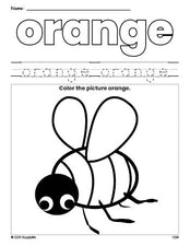 Free bee color orange coloring page and color worksheet, orange worksheet for preschoolers to learn colors, printable PDF
