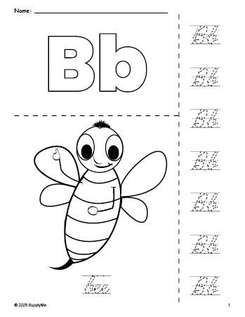 Beebe Cursive FREE Printable Bee Coloring Page and Cursive Letter Tracing Worksheet ...