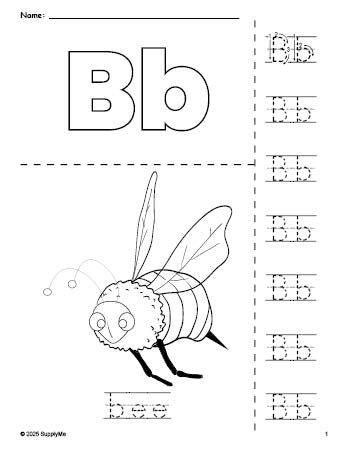 Free printable bee coloring page and letter tracing worksheet, letter b worksheet for preschool, pre-k, and kindergarten, PDF