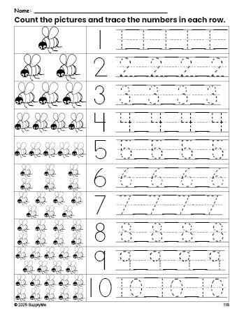 Free printable bee counting worksheet for preschool and pre-k with number tracing practice 1-10, PDF
