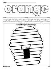 Free beehive color orange coloring page and color worksheet, orange worksheet for preschoolers to learn colors, printable PDF