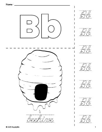 Free printable beehive coloring page and cursive letter tracing worksheet, letter b worksheet for preschool, pre-k, and kindergarten, PDF