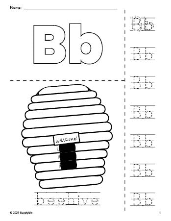 Free printable beehive coloring page and letter tracing worksheet, letter b worksheet for preschool, pre-k, and kindergarten, PDF