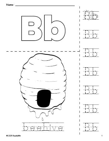 Free printable beehive coloring page and letter tracing worksheet, letter b worksheet for preschool, pre-k, and kindergarten, PDF
