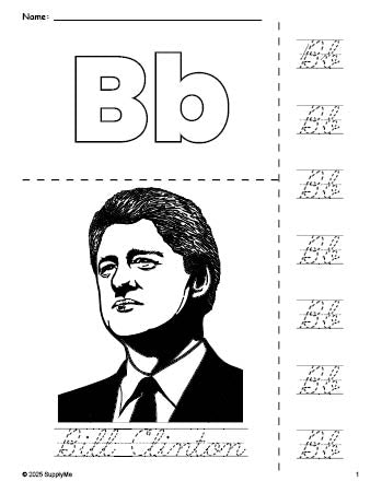 Free printable Bill Clinton Presidents' Day coloring page and cursive letter tracing worksheet, letter b worksheet for preschool, pre-k, and kindergarten, PDF