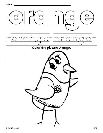 Free bird color orange coloring page and color worksheet, orange worksheet for preschoolers to learn colors, printable PDF