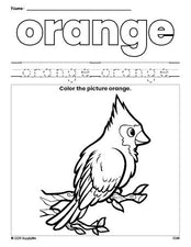 Free bird color orange coloring page and color worksheet, orange worksheet for preschoolers to learn colors, printable PDF