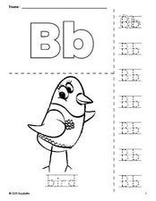 Free printable bird coloring page and letter tracing worksheet, letter b worksheet for preschool, pre-k, and kindergarten, PDF