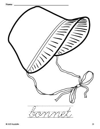 Free printable bonnet Thanksgiving coloring page and cursive word tracing worksheet, perfect for preschool, pre-k, and kindergarten, PDF