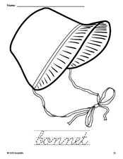 Free printable bonnet Thanksgiving coloring page and cursive word tracing worksheet, perfect for preschool, pre-k, and kindergarten, PDF