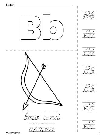 Free printable bow and arrow Valentine's Day coloring page and cursive letter tracing worksheet, letter b worksheet for preschool, pre-k, and kindergarten, PDF