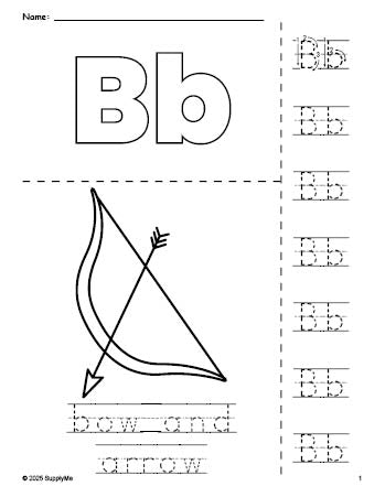 Free printable bow and arrow Valentine's Day coloring page and letter tracing worksheet, letter b worksheet for preschool, pre-k, and kindergarten, PDF
