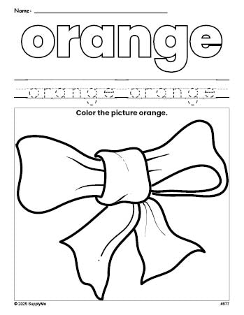 Free bow color orange coloring page and color worksheet, orange worksheet for preschoolers to learn colors, printable PDF