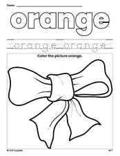 Free bow color orange coloring page and color worksheet, orange worksheet for preschoolers to learn colors, printable PDF