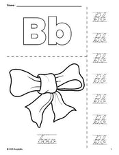 Free printable bow coloring page and cursive letter tracing worksheet, letter b worksheet for preschool, pre-k, and kindergarten, PDF