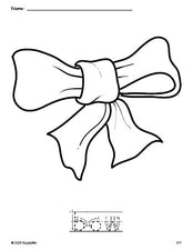 Free printable bow coloring page and word tracing worksheet, letter formation guides, perfect for preschool, pre-k, and kindergarten, PDF