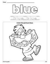 Free boy color blue coloring page and color worksheet, blue worksheet for preschoolers to learn colors, printable PDF