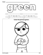 Free boy color green coloring page and color worksheet, green worksheet for preschoolers to learn colors, printable PDF