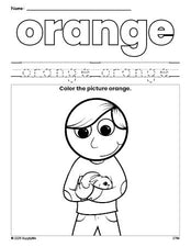 Free boy color orange coloring page and color worksheet, orange worksheet for preschoolers to learn colors, printable PDF