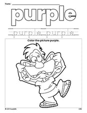 Free boy color purple coloring page and color worksheet, purple worksheet for preschoolers to learn colors, printable PDF