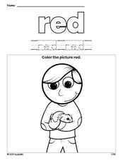 Free boy color red coloring page and color worksheet, red worksheet for preschoolers to learn colors, printable PDF