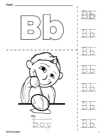 Free printable boy Easter coloring page and letter tracing worksheet, letter b worksheet for preschool, pre-k, and kindergarten, PDF