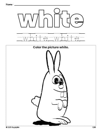Free bunny color white coloring page and color worksheet, white worksheet for preschoolers to learn colors, printable PDF