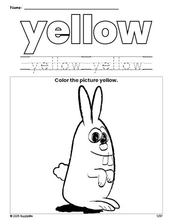 Free bunny color yellow coloring page and color worksheet, yellow worksheet for preschoolers to learn colors, printable PDF