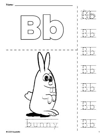 Free printable bunny coloring page and letter tracing worksheet, letter b worksheet for preschool, pre-k, and kindergarten, PDF