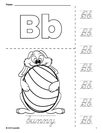 Free printable bunny Easter coloring page and cursive letter tracing worksheet, letter b worksheet for preschool, pre-k, and kindergarten, PDF