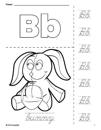 Free printable bunny Easter coloring page and cursive letter tracing worksheet, letter b worksheet for preschool, pre-k, and kindergarten, PDF