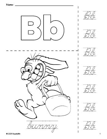 Free printable bunny Easter coloring page and cursive letter tracing worksheet, letter b worksheet for preschool, pre-k, and kindergarten, PDF
