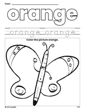 Free butterfly color orange coloring page and color worksheet, orange worksheet for preschoolers to learn colors, printable PDF
