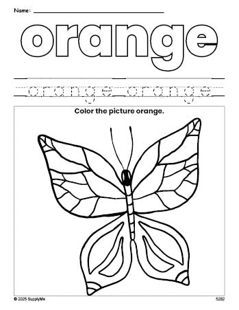 Free butterfly color orange coloring page and color worksheet, orange worksheet for preschoolers to learn colors, printable PDF