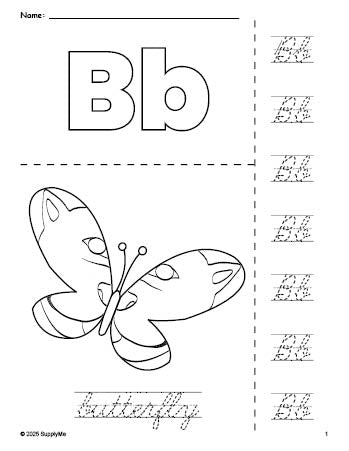 Free printable butterfly coloring page and cursive letter tracing worksheet, letter b worksheet for preschool, pre-k, and kindergarten, PDF