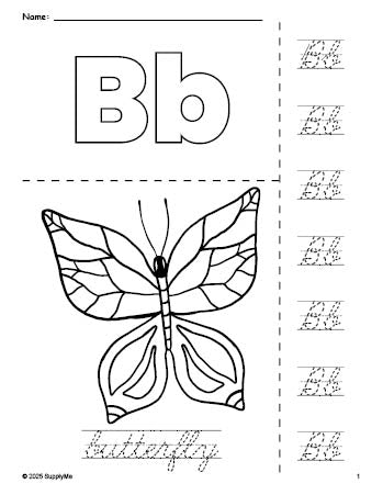 Free printable butterfly coloring page and cursive letter tracing worksheet, letter b worksheet for preschool, pre-k, and kindergarten, PDF