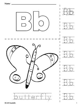 Free printable butterfly coloring page and letter tracing worksheet, letter b worksheet for preschool, pre-k, and kindergarten, PDF